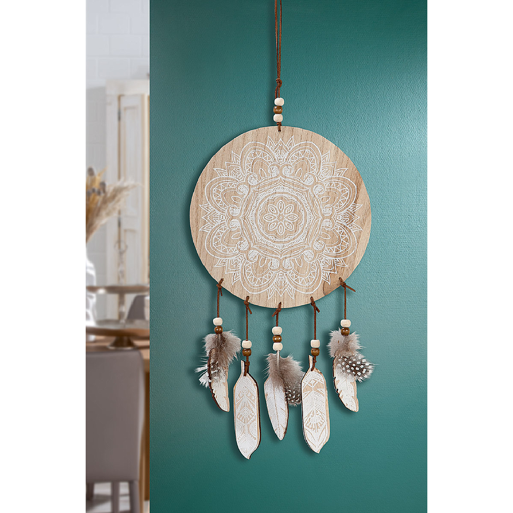 Traumfänger, rund, "Mandala", Mandalamotiv, Traumfängermotiv, Blumenmuster, MDF, naturfarben, B. 20 cm, H. 50 cm