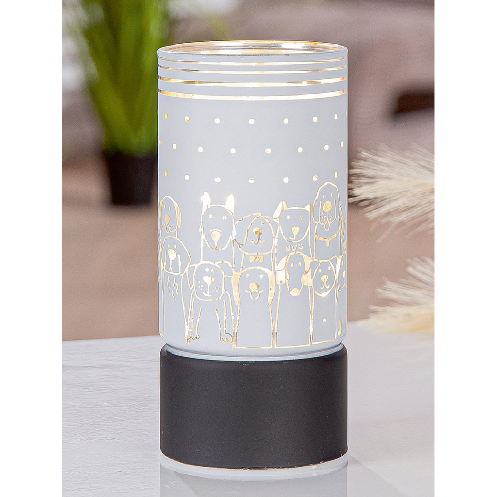 Windlicht (LED), &quot;Hundebande&quot;, Tiermotive, Glas, weiß, H. 15 cm, D. 7 cm