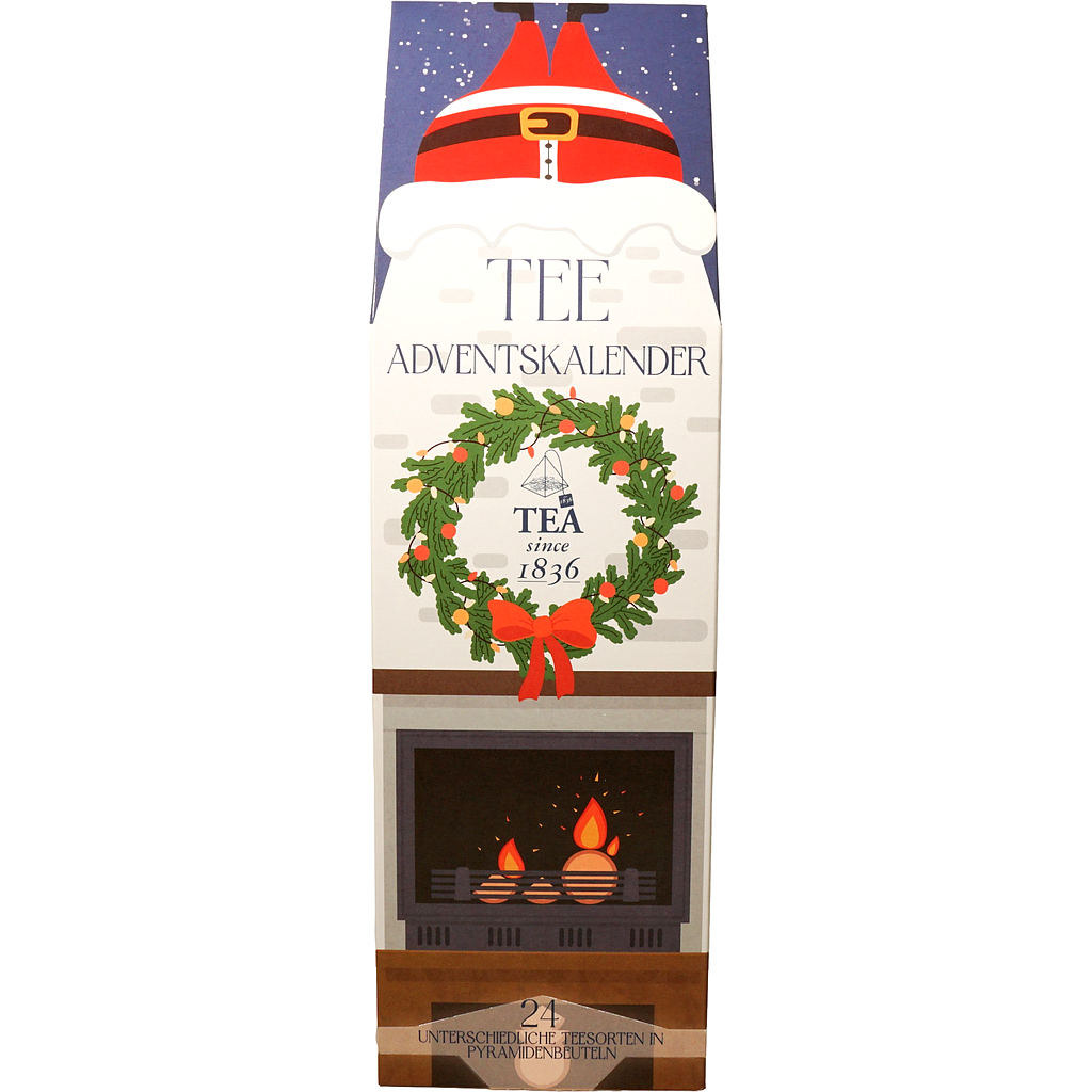 Tee-Adventskalender „Kamin Hygge“ mit 24 Pyramidenbeuteln einzeln im Sachet verpackt Format 92 x 92 x 305 mm