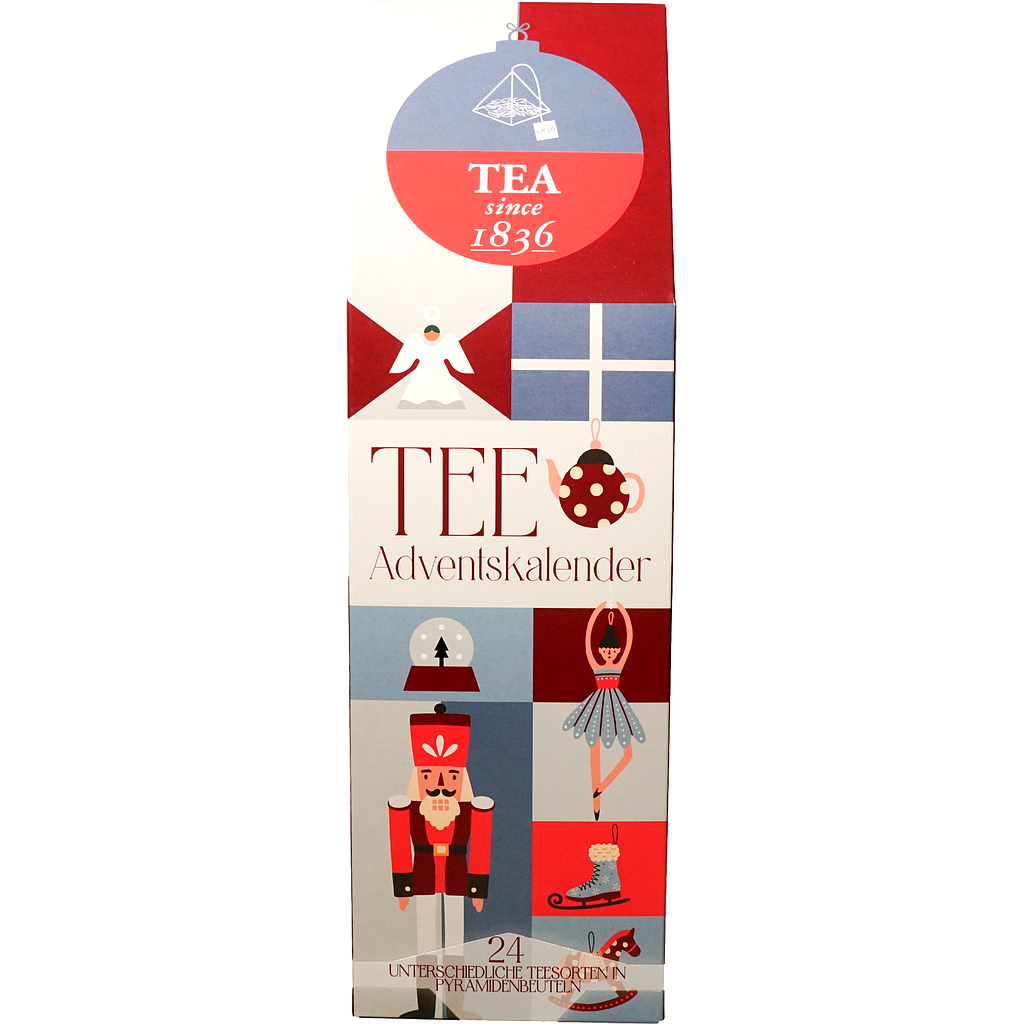 Tee-Adventskalender „Nussknacker rot“ mit 24 Pyramidenbeuteln einzeln im Sachet verpackt Format 92 x 92 x 305 mm