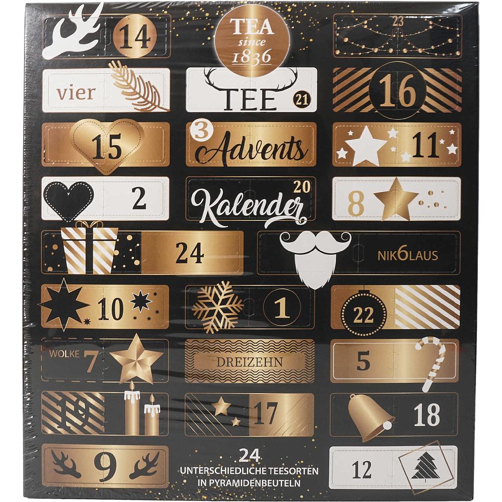 XL Tee Adventskalender „Goldene Weihnachten“ mit 24 Pyramidenbeuteln einzeln im Sachet verpackt Format 370 x 92 x 410 mm mit Türchen