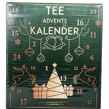XL Adventskalender Tee „Grüne Weihnachten“ mit 24 Pyramidenbeuteln  einzeln im Sachet verpackt Format 370 x 92 x 410 mm mit Türchen