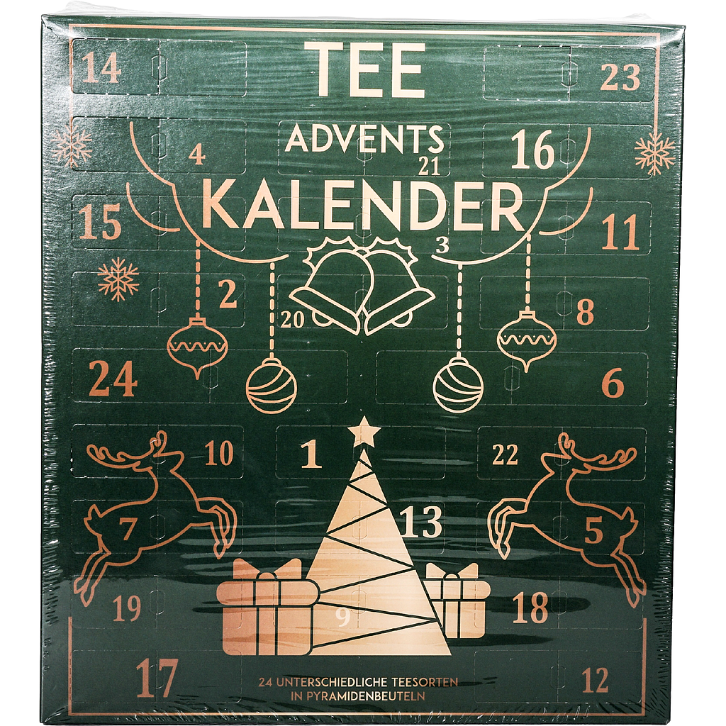 XL Adventskalender Tee „Grüne Weihnachten“ mit 24 Pyramidenbeuteln  einzeln im Sachet verpackt Format 370 x 92 x 410 mm mit Türchen