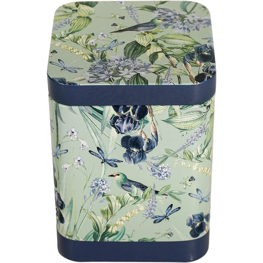 Dose "Blue Garden", 100 g Weißblech, eckig, Stülpdeckel matt 7,3 x 7,3 x 10 cm