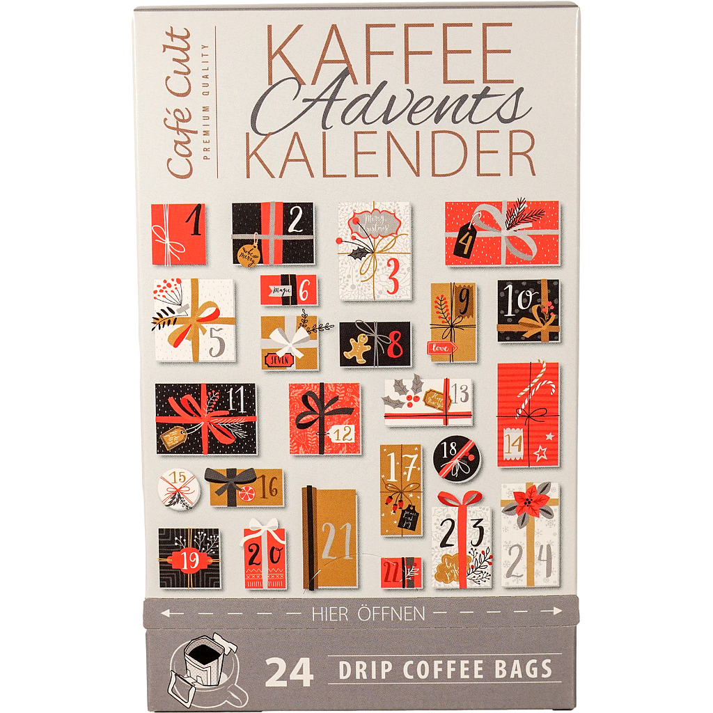 Kaffee-Adventskalender „Kalendertüren“ mit 24  Drip Coffee Bags einzeln im Sachet verpackt Format 124 x 100 x 200 mm -2-sprachig