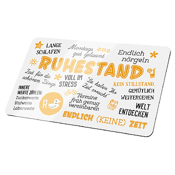 Brettchen, rechteckig, "Ruhestand", Spruch, Resopal, weiß, VE 6, L. 15 cm, B. 24 cm