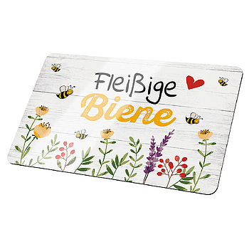 Brettchen, rechteckig, "Fleißige Biene", Schriftzug, Blumenmuster, Resopal, grau, VE 6, L. 15 cm, B. 24 cm