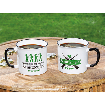 Tasse / Becher, "Wieder einen Tag näher am Schützenfest", Spruch, Keramik, weiß, VE 6, L. 9,8 cm, B. 13,2 cm, H. 8,7 cm