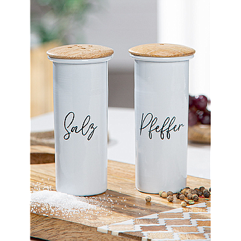 2tlg. Set, Salz-/ & Pfefferstreuer, "Vita", Schriftzug, Eisen, weiß, VE 6, H. 10,5 cm, D. 5 cm