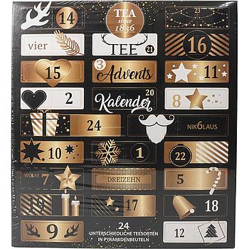 XL Tee Adventskalender „Goldene Weihnachten“ mit 24 Pyramidenbeuteln einzeln im Sachet verpackt Format 370 x 92 x 410 mm mit Türchen