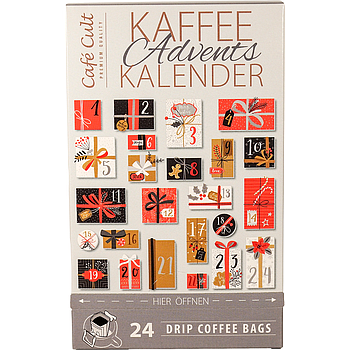 Kaffee-Adventskalender „Kalendertüren“ mit 24  Drip Coffee Bags einzeln im Sachet verpackt Format 124 x 100 x 200 mm -2-sprachig